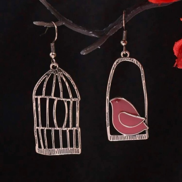Bird & Cage Decor Mismatched Drop Earrings - Picture 2 of 4